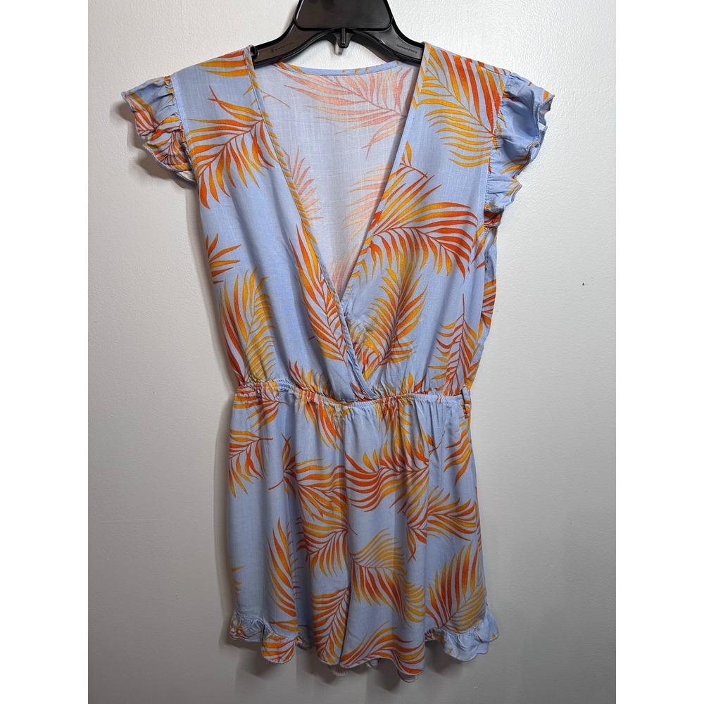 Cupshe Womens Tropical Palm Leaf Jumpsuit Blue Orange V-Neck Ruffle Hem Size M